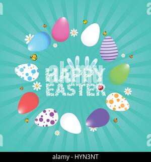 Ostern-Illustration für Ihr Design. Kunterbunt, bemalte Ostereier in Form von einem Kreis-Reifen gesäumt. Mit der Aufschrift Frohe Ostern und ra Stock Vektor