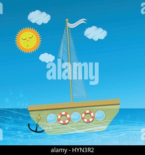 Kinder s Illustration für Ihr Design. Das Schiff segelt Segel auf den Wellen gegen den Himmel mit Wolken und Sonne. Einsatz für die Dekoration, Druck, Design. Stock Vektor