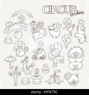 Zirkus Cartoon Aufkleber Sammlung mit Chapiteau Zelt und ausgebildete wilde Tiere. Stock Vektor