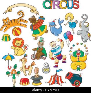 Zirkus Cartoon Symbolsammlung mit Chapiteau Zelt und ausgebildete wilde Tiere. Stock Vektor