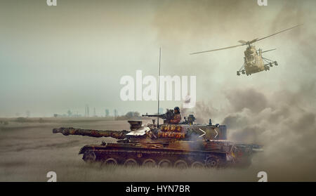 Rumänische Tank TR85M1 und IAR 330 Puma Hubschrauber Stockfoto