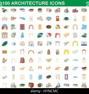 100 Architektur-Ikonen stellen, cartoon-Stil Stock Vektor