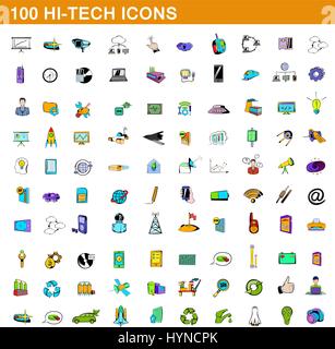100 Hi-Tech Icons Set, Cartoon-Stil Stock Vektor