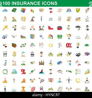 100 Versicherungen Icons Set, Cartoon-Stil Stock Vektor