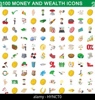 100 Geld und Reichtum Icons set, cartoon-Stil Stock Vektor