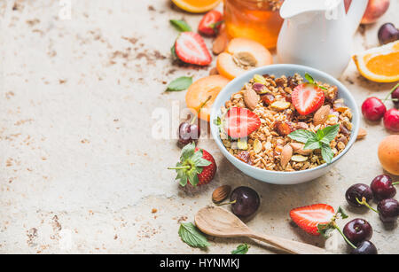 Gesundes Frühstückszutaten. Schüssel mit Hafer-Müsli mit Milch, frisches Obst, Beeren und Honig Stockfoto