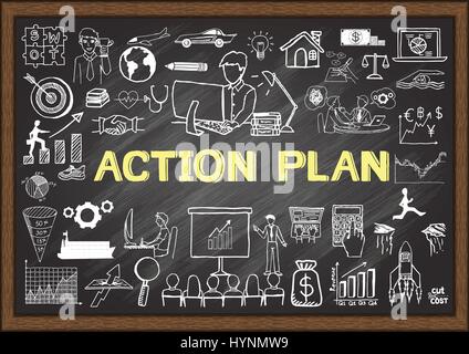 Handgezeichnete Symbole über DEN AKTIONSPLAN auf dem Schwarzen Brett. Vektorgrafiken Stock Vektor