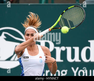 Charleston, South Carolina, USA. 5. April 2017. Monica Puig (PUR) Schlachten gegen Daria Kassatkin-(RUS), bei der Volvo Car Open gespielt wird im Kreis der Familie Tennis Center in Charleston, South Carolina. © Leslie Billman/Tennisclix/Cal Sport Media/Alamy Live-Nachrichten Stockfoto