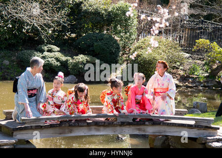 Norristown, Pennsylvania, USA. 5. April 2017. Mitglieder von der Japan America Society of Greater Philadelphia, auf eine Gartenbrücke bei Subaru Cherry Blossom Festival Presser. Die Presser fand auf der Shofuso japanisches Haus mit Garten im historischen Fairmount Park in Philadelphia Pa Credit: Ricky Fitchett/ZUMA Draht/Alamy Live News Stockfoto