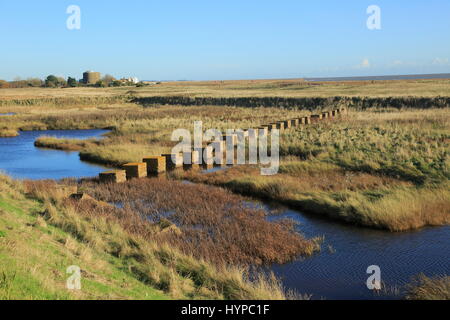 Pools von Wasser zwischen Kiesstrand und Flut Verteidigung Wand, Shingle Street, Suffolk, England, UK zweiten Weltkrieg Anti-Panzer Verteidigung Stockfoto