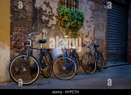 LUCCA Italien - ca. Mai 2015: Eine typische Straße in Lucca, eine berühmte mittelalterliche Stadt in der Toskana. Stockfoto