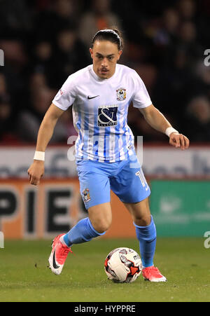 Coventry City Jodi Jones während Sky Bet League One match bei Bramall Lane, Sheffield. PRESSEVERBAND Foto. Bild Datum: Mittwoch, 5. April 2017. Vgl. PA Geschichte Fußball Sheff Utd. Bildnachweis sollte lauten: Tim Goode/PA Wire. Einschränkungen: EDITORIAL verwenden nur keine unbefugten Audio, Video, Daten, Spielpläne, Verbandsliga/Logos oder "live"-Dienste. Im Spiel Onlinenutzung beschränkt auf 75 Bilder, keine video Emulation. Keine Verwendung in Wetten, Spiele oder Vereinsspieler/Liga/Einzelpublikationen. Stockfoto