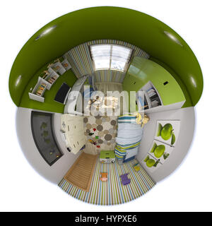 3D Darstellung sphärischer 360 Grad, nahtlosen Panorama Kinder-Zimmer Interior Design. Design ist ein Kinderzimmer in grün und blau Tönen. Tyny li Stockfoto