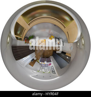 3D Darstellung sphärischer 360 Grad, nahtlosen Panorama aus Wohnzimmer und Küche Interior Design. Modernes Studio-Apartment in der skandinavischen mini Stockfoto