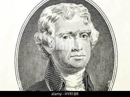 Nahaufnahme des Porträts von Thomas Jefferson auf der Vorderseite von einer zwei-Dollar-Schein. Stockfoto