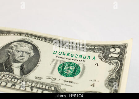 Die Vorderseite des einen zwei-Dollar-Schein; geringe Schärfentiefe. Stockfoto