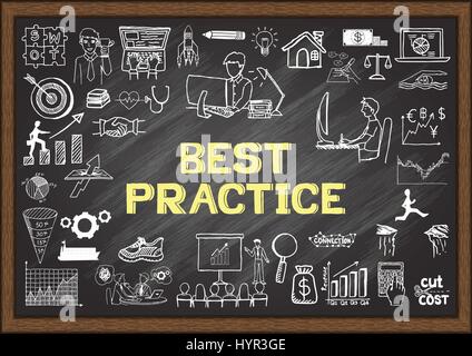 Handgezeichnete Symbole über BEST PRACTICES auf dem Schwarzen Brett. Vektorgrafiken Stock Vektor