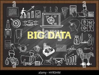 Handgezeichnete Symbole über BIG DATA auf dem Schwarzen Brett. Vektorgrafiken. Stock Vektor