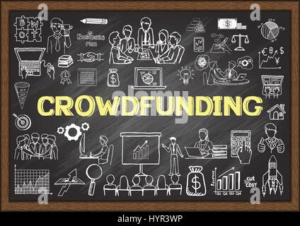 Handgezeichnete Symbole über Crowdfunding auf dem Schwarzen Brett. Vektorgrafiken. Stock Vektor