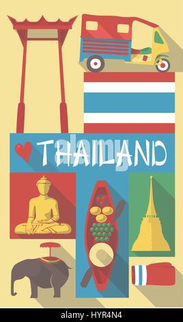 Retro-Zeichnung von Thailand Thailand Bangkok kulturelle Symbole auf einem Plakat und Postkarte Stock Vektor