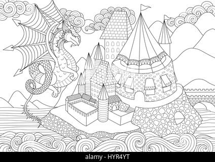 Ein Drache, über schöne Castel auf Insel Stock Vektor