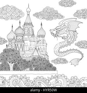 Drachen fliegen über russische Kathedrale Design für Erwachsene Malvorlagen Buch. Vektor-Illustration. Stock Vektor