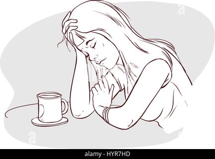 Grüner Hintergrund-Vektor-Illustration eines müde Frauen Stock Vektor