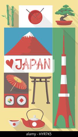 Vektor-Illustration der berühmten Kultur-Symbole von Japan auf eine Postkarte oder poster Stock Vektor