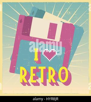 Ich liebe Retro-Schild mit Diskette auf Postkarte oder Poster. Retro Vintage Poster oder Postkarte-Design mit Stock Vektor