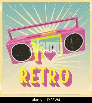 Ich liebe Retro-Schild mit Kassettendeck auf Postkarte oder Poster. Retro Vintage Poster oder Postkarte-Design mit Kassettendeck Stock Vektor