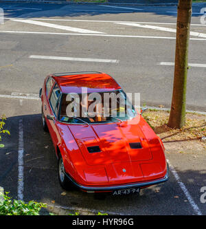 Roter Maserati Indy italienischen Sportwagen, Tipo AM 116, 2-türig, 4-Sitzer Grand Tourer Coupé, Designer Giovanni Michelotti 1969 Stockfoto