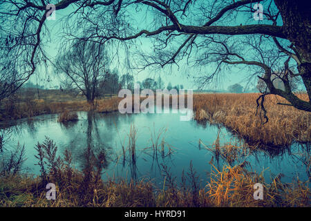 Herbstliche Landschaft im ländlichen Raum. Bäume ohne Blätter in der Nähe von ruhiger Fluss mit. Nebligen Morgen in Landschaft Stockfoto