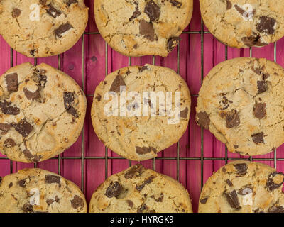 Belgische Dark Chocolate Chip Cookies Kekse vor einem rosa Hintergrund Stockfoto