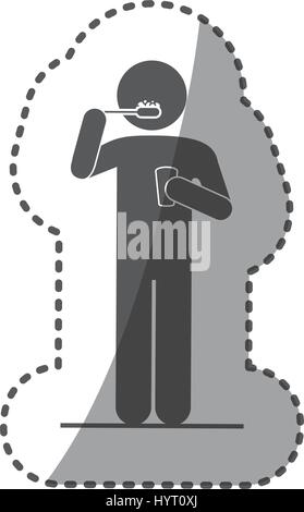 Aufkleber monochrome Silhouette Piktogramm Person seine Zähne putzen Stock Vektor