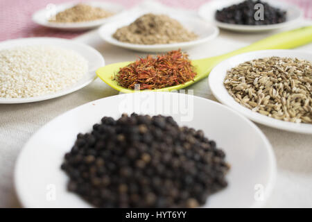 verschiedene Arten von Gewürzen auf weiße Untertassen Stockfoto