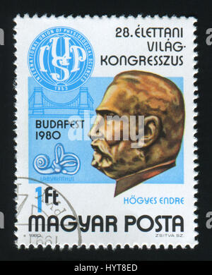 Ungarn - CIRCA 1980: Eine Briefmarke gedruckt in Ungarn, i zeigt Endre Hogyes und Kongress-Emblem, ca. 1980. Stockfoto
