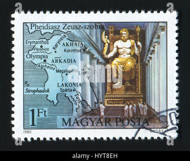 Ungarn - CIRCA 1980: Eine Briefmarke gedruckt in Ungarn zeigt Zeus von Phidias, sieben Weltwunder der Antike, circa 1980. Stockfoto