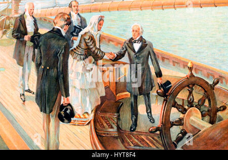 Königin Victoria an Bord der Amerika - ihre Majestät Königin Victoria gratuliert John Cox Stevens, Commodore des New York Yacht Club an Bord der Yacht America, £100 Cup-Sieger. Colonel James A Hamilton, Herrn Alfred Paget, Commodore John C Stevens, 1851. Original Americas Cup Stockfoto