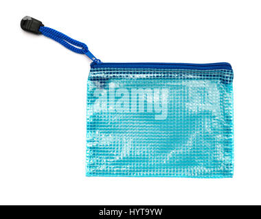 blaue verstärkte Plastiktüte mit Reißverschluss auf weißem Hintergrund Stockfoto