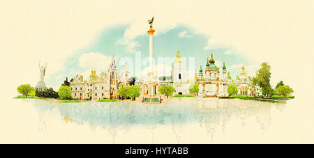 hochauflösende Panorama Aquarell Kiew Stadt Abbildung Stockfoto