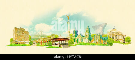 hochauflösende Panorama Aquarell Mexiko-Stadt-Abbildung Stockfoto