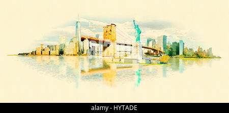 hochauflösende Panorama Aquarell NEW YORK City-Abbildung Stockfoto