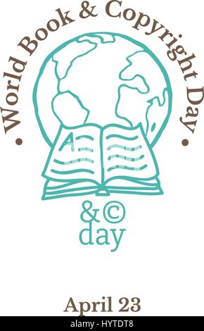 Welttag des Buches und Copyright-Tag, 23. April. Vektor-Illustration mit Globe, offenes Buch und copyright-Symbol. Handgezeichnete skizzenhaften Abbildung Stock Vektor