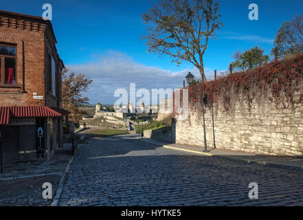 Blick auf den meisten Zamkowy und Burg von Kamenez-Podolsk in der Westukraine, aufgenommen an einem sonnigen Herbsttag. Die gepflasterte Straße führt das Auge über die Stockfoto