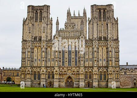 Die Fassade der Stadt Wells Cathedral, Wells, Somerset, England, UK. Stockfoto