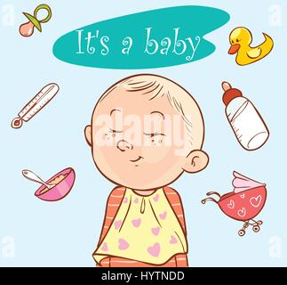 blauer Hintergrund-Vektor-Illustration eines Baby-Symbole-Sets Stock Vektor