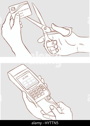 Kreditkarte zerschneiden mit Schere und Hand einschieben Kreditkarte pos terminal Stock Vektor