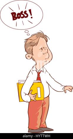 Büroangestellte mit Dokumenten-Mappe, betonte. Cartoon Illustration isoliert auf weißem Hintergrund Stock Vektor