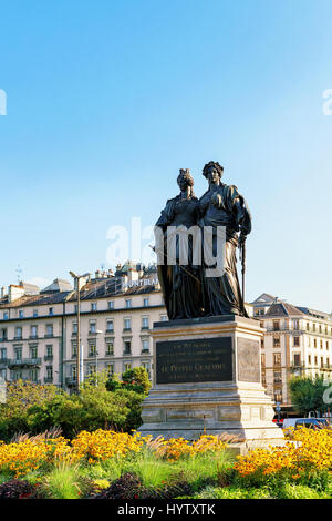 Genf, Schweiz - 30. August 2016: Statue von Genf an den Rest der Schweiz, die im englischen Garten in Genf Stadtzentrum, Switz gelegt wird Stockfoto