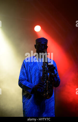 BARCELONA - 4 JUN: Orchestra Baobab (Afro-Cuban-Karibik-Fusion-Band) führen im Konzert beim Festival Primavera Sound 2016 am 4. Juni 2016 in Barcelon Stockfoto